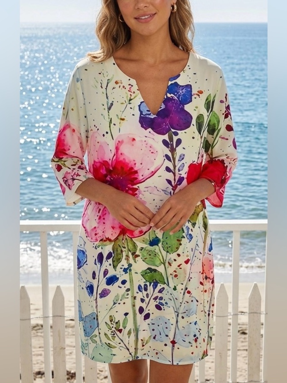 Colorful FLORAL “V” NECK DRESS